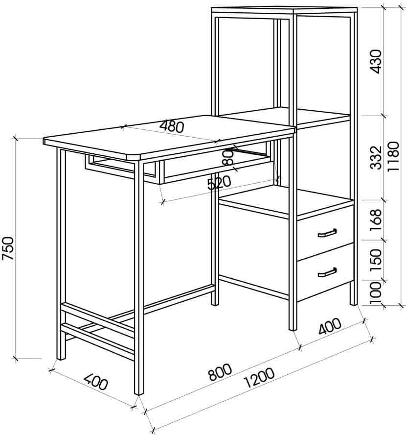 Ví dụ một mẫu kích thước bàn liền giá sách